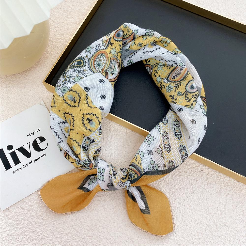 58 Cashew Silk Small Square Scarf: Korean Style Cotton Linen Printed Headscarf and Hairband for Women, Ideal for Spring, Summer, and Autumn.
