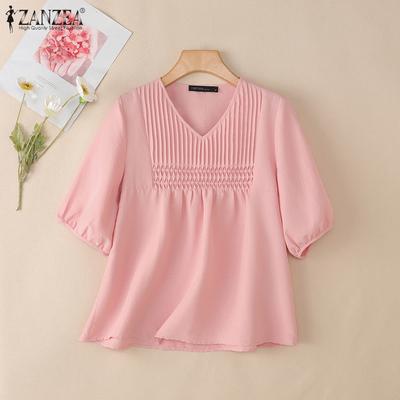 Women Casual V-Neck Summer Short Sleeve Solid Blouse