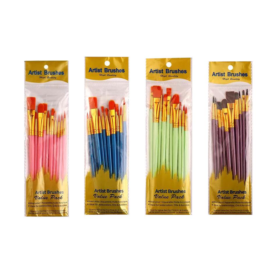 10-Piece Nylon Hair Paint Brush Set with Pearlescent Handles for Oil, Acrylic, Watercolor, and Gouache