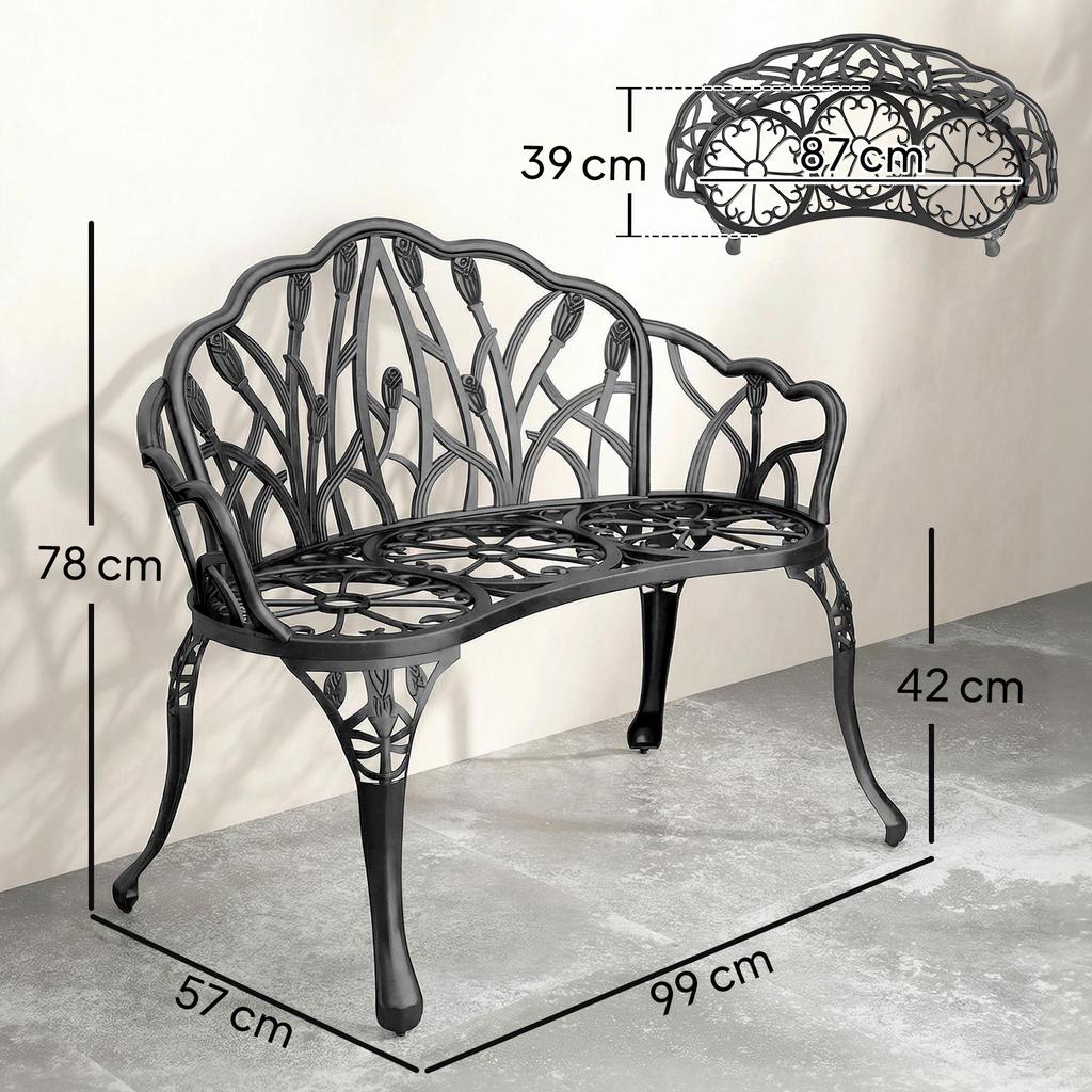 Garden Bench, 2-Seater, Cast Aluminum, Outdoor Bench with Tulip Backrest, Floral Motif