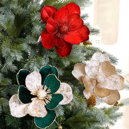 Artificial Poinsettia Flowers Christmas Tree Ornaments Velvet Glitter Magnolia Stems Floral Picks for Xmas