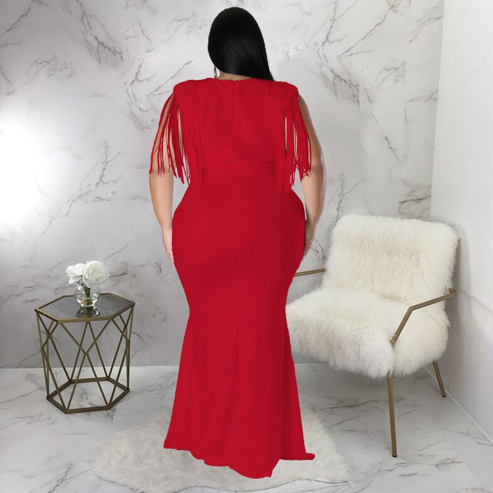Plus Size Fringe V Neck Maxi Dress Long Sleeve Mermaid Gown Curvy Bodycon Fishtail Long Dress Sexy Tassel Shoulder Evening Party Formal Wedding Gown