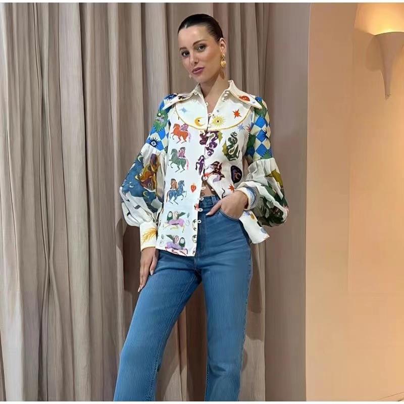Casual Women's Print Shirt Lantern Sleeve Turn-down Collar Female Shirts 2023 Fashion Cartoon Lady Top Street Print Temperamental Shirt Women