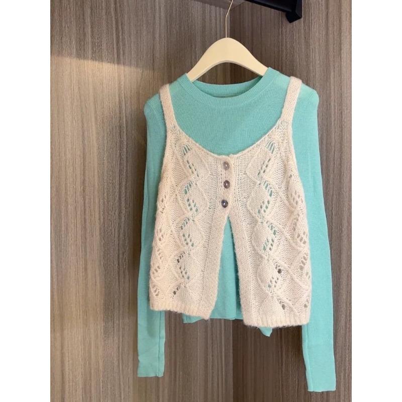 

Autumn wear vest knitted vest suspenders stacked green inner bottoming shirt top women s two-piece suit one size fits all зелений
