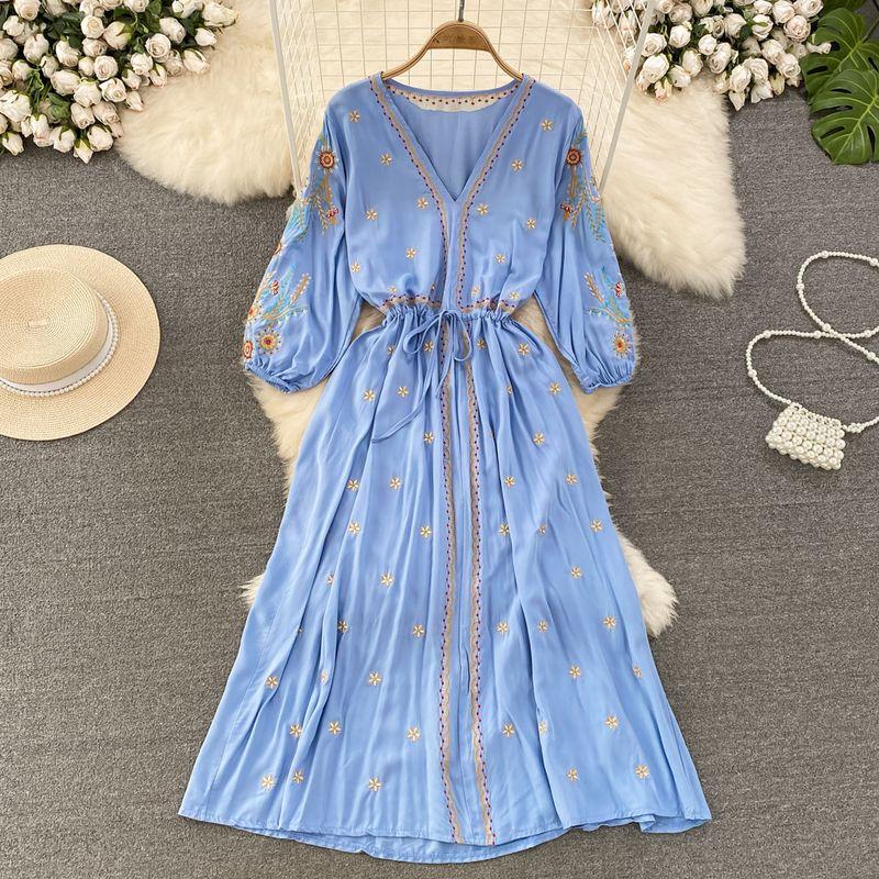 Ethnic Style Yunnan Travel V Neck A- line Dress Embroider