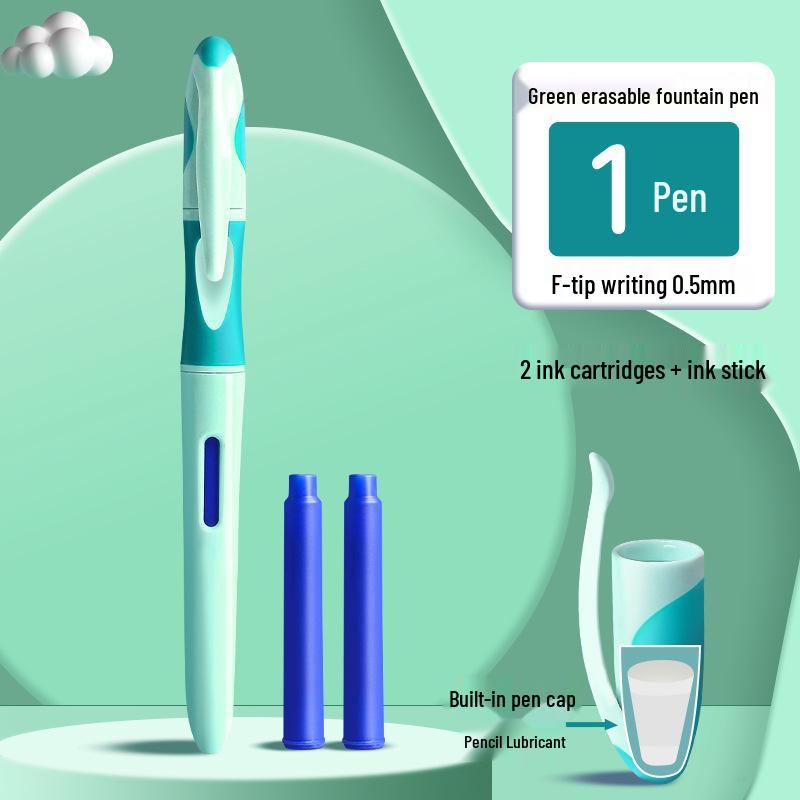 Erasable Heat-Sensitive Fountain Pen for Third-Graders, Ergonomic Design with Replaceable Crystal Blue Ink Cartridge