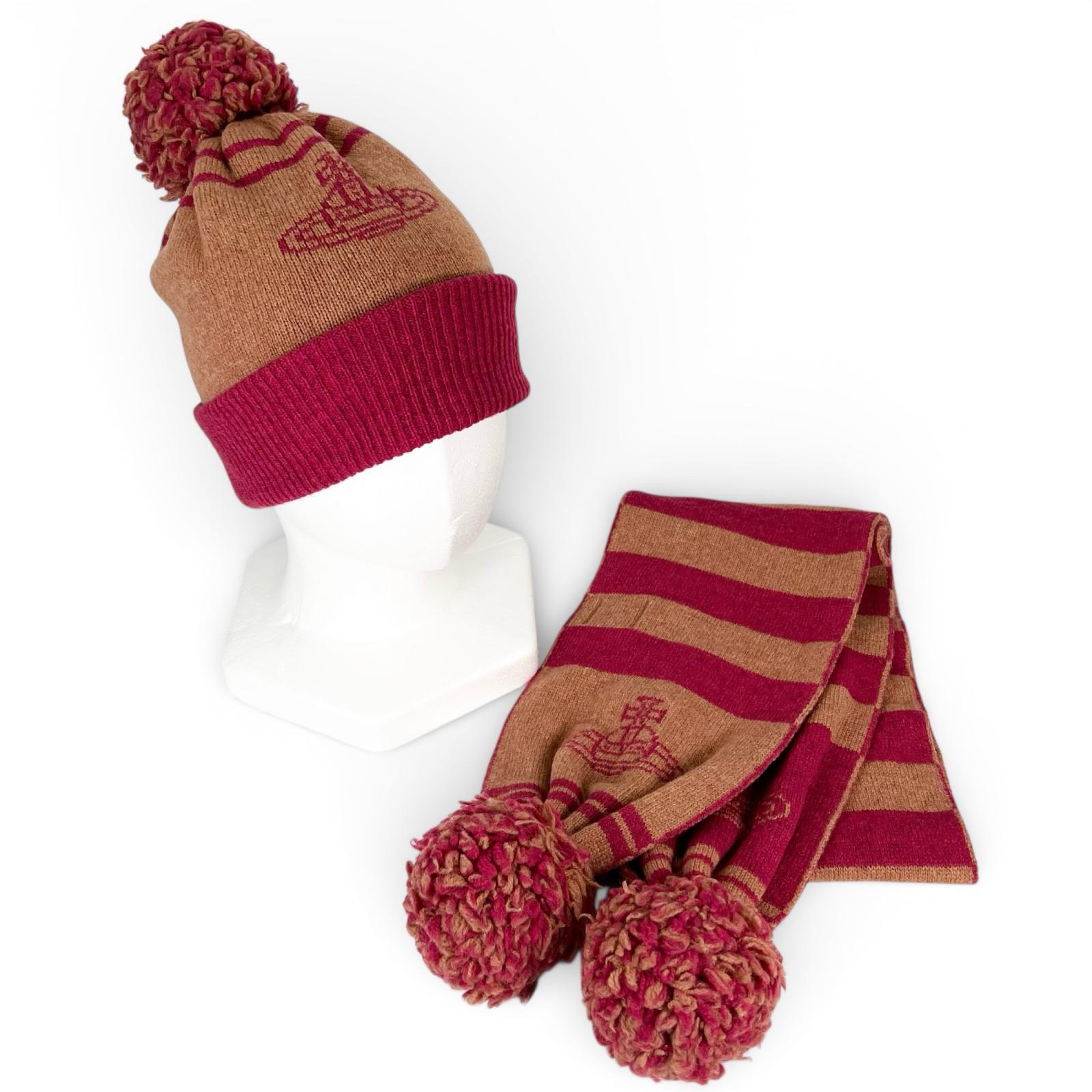 

Great Vivienne Westwood Scarf OrbPattern Pom-Pom Scarf and Knit Hat 2-Piece Set Used