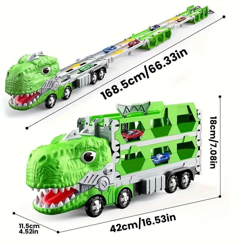 Dinosaur Large Car Toy T-Rex Truck Transforming Carrier Truck Race Track Foldable Truck With Racing Car Birthday Gift For Boys