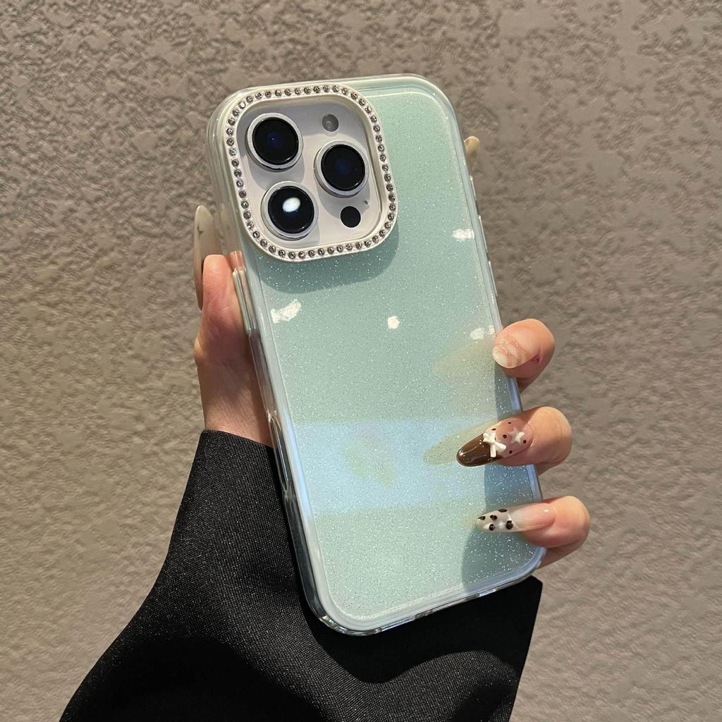 Custodia in Gel Glitterata Monocolore con Cornice Lente in Strass per iPhone 16 Pro Max