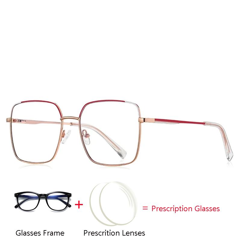 Red Rose Gold Square Prescription Glasses Anti Blue Light Photochromic Myopia Hyperopia Progressive Optical Eyeglasses