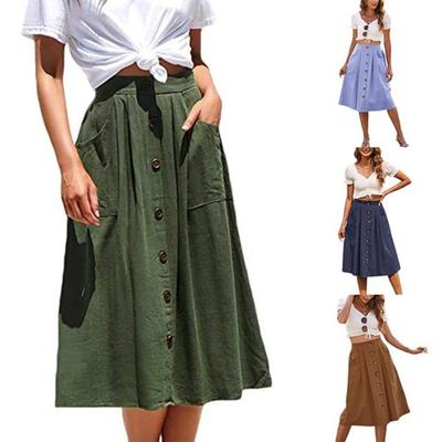 Women Long Skirt Button Pocket Skirt High Waist Casual A-line Skirt