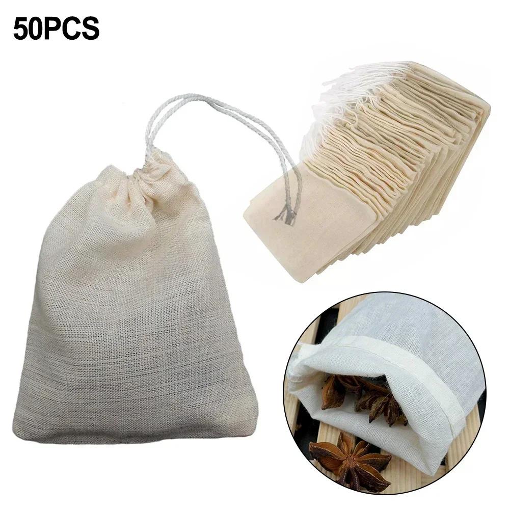 Neues praktisches Kordelzug-Design Baumwolltaschen Teetaschen für Gewürze Traditionelle Medizinbeutel 50er Pack Baumwolltuch Bündeltasche
