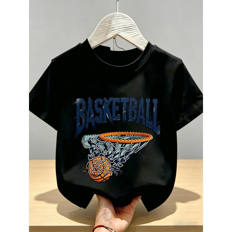 Kids Crewneck Short Sleeve T-Shirt, Ink Splatter Building Block Basketball Hoop Print