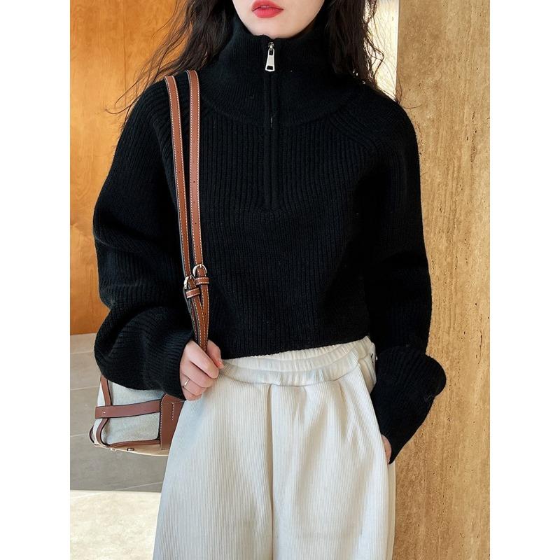 Half-zipper High Neck Solid Color High Waist Pullover Sweater Women's Short Fashion Melad Color Wear Knitted Tops Comfortable and Versatile