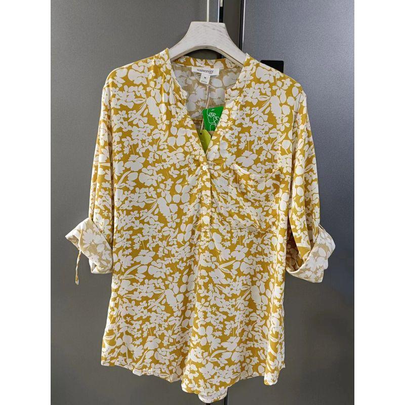 Export Export Loose V Neck Artificial Cotton Shirt Women's Three-Quarter Sleeve Cotton Silk Tops Spring and Summer Rollable Sleeves