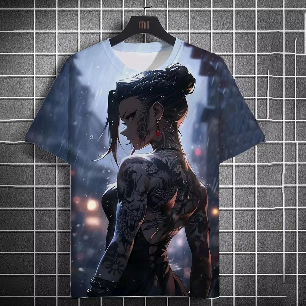 Tattooed girl pattern t-shirt cartoon 3d print oversized sports shirt top