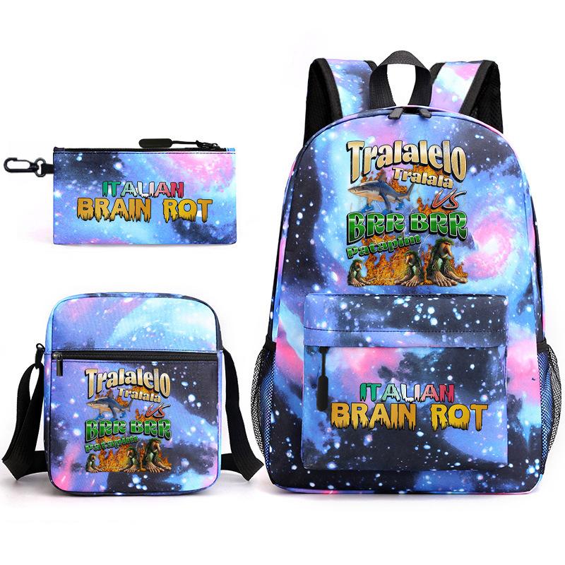 Abstract Foreign Shanhaijing Schoolbag Tongtongsahur Cartoon Primary School Student Backpack Three-piece Set D