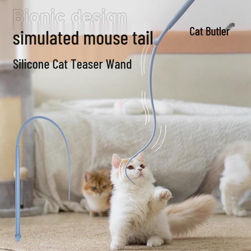 Silicone Mouse Tail Cat Teaser Stick for Self-Play and Boredom Relief