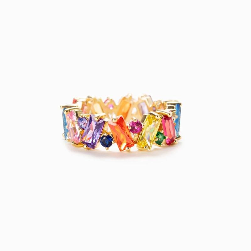 Geometric Bright Multicolor CZ Stone Ring Young Lady Fashion Finger Accessories Trendy Engagement Band Jewelry for Women