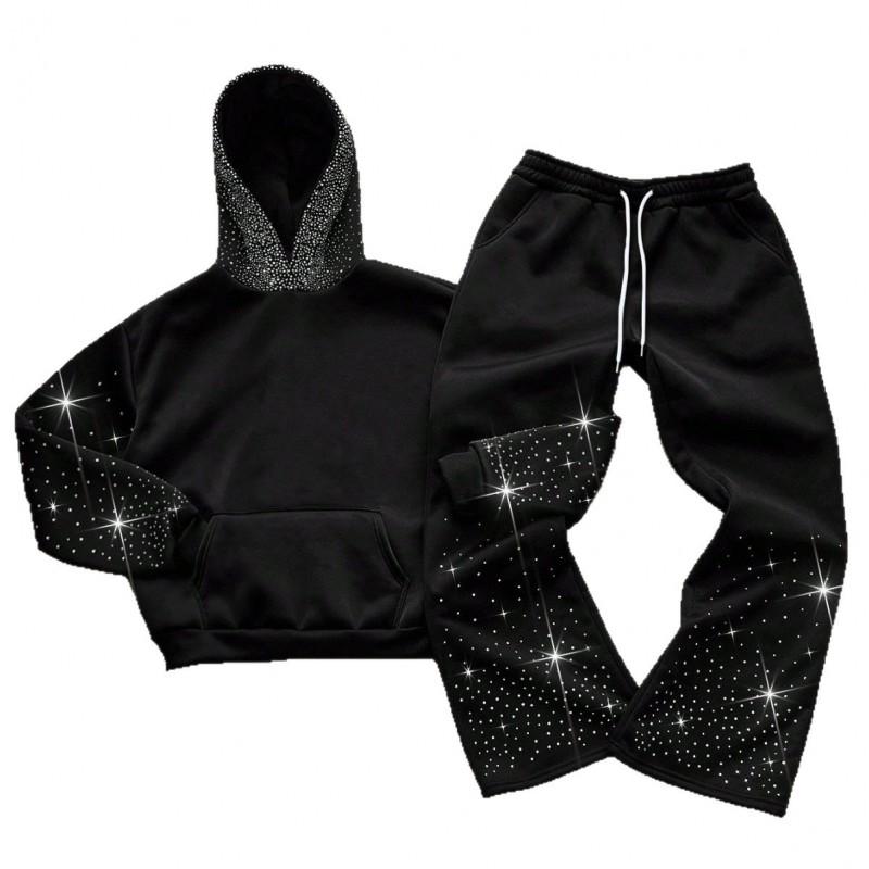 Gothic Streetwear Hoodie Pants Set With Rhinestone Embellishment Unisex Long Sleeve Casual Tracksuit