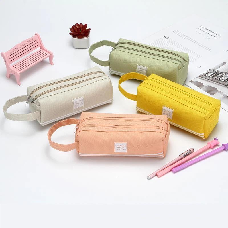 Oxford Cloth Pencil Case Large Storage Double Zippers Portable Handle For Students School Office Daily Stationery Use