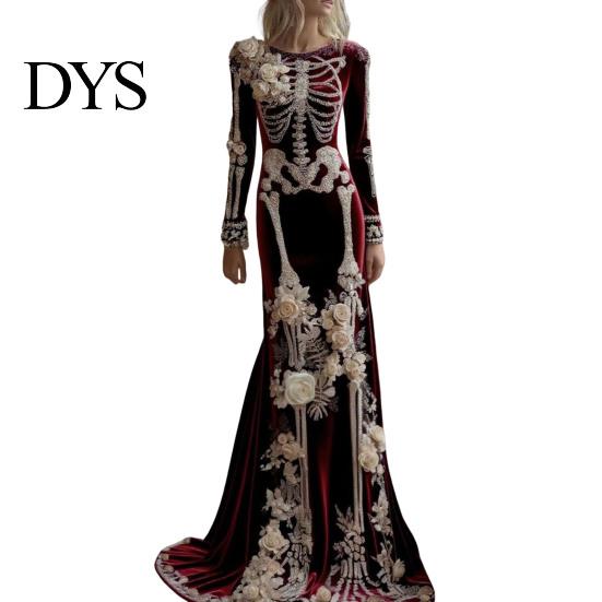 Floor Length Dress Women Skeleton Print Maxi Dress, Gothic Long Sleeve with Evening 3D Flower Decor, Velvet Floral for Halloween Costume Party