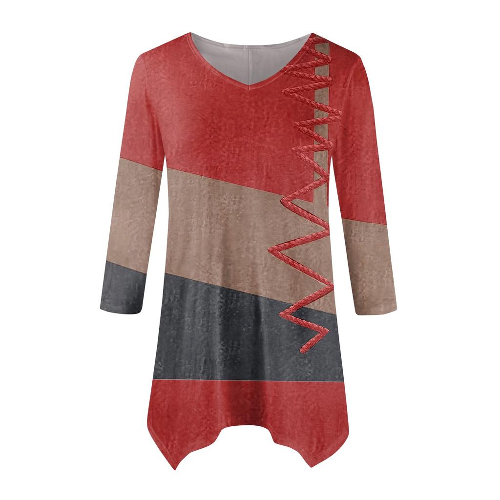 Moda Donna Casual Scollo a V Colore a Contrasto Stampato Manica a Sette Punti Camicia Cinturata Top Ampio Confortevole