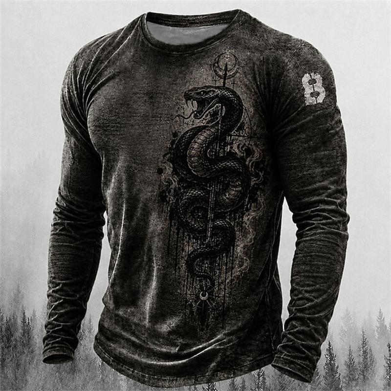 New Men's Round-Neck Halloween Long-Sleeve T-Shirt with Spooky Skull Print for Holiday Parties - Men's Top