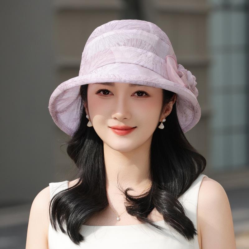 WTEMPO Women's Elegant Organza Flower Sun Hat Lightweight Mesh Bucket Hat with Floral Detail Breathable Casual Cap for Mature Ladies Spring Summer