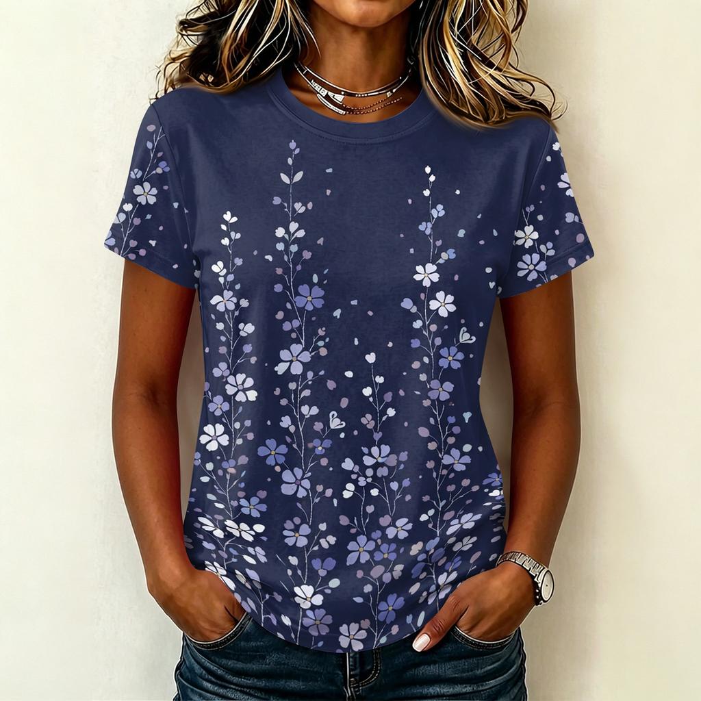 Damen Freizeit Pullover Kurzarm T-Shirt Blumenprint Rundhalsausschnitt Oberteil Weiches Leichtes Sommer-T-Shirt für den Alltag