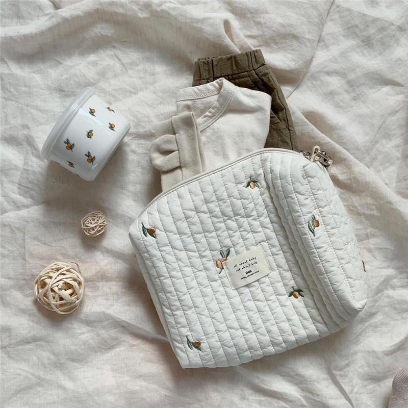 Quilted Cotton Baby Stroller Organizer - Zipper, Embroidery, Diaper & Bottle Storage Bag