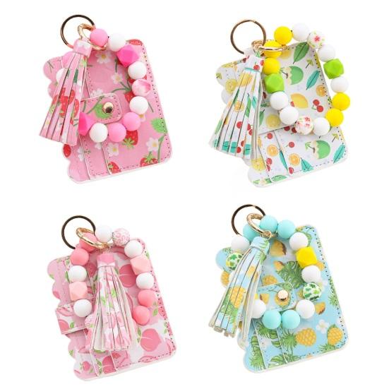 Ladies Wristlet Wallet Floral Print Wallet Beaded Wristlet Keychain with Tassel Coin Wallet Card Holder for Street Daily Outings
