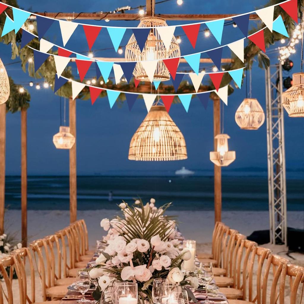 32Ft Red Blue White Nautical Pennant Banner Fabric Triangle Flag Bunting Garland Streamer for Nautical Theme Birthday Ahoy Achor Pirate Baby Shower