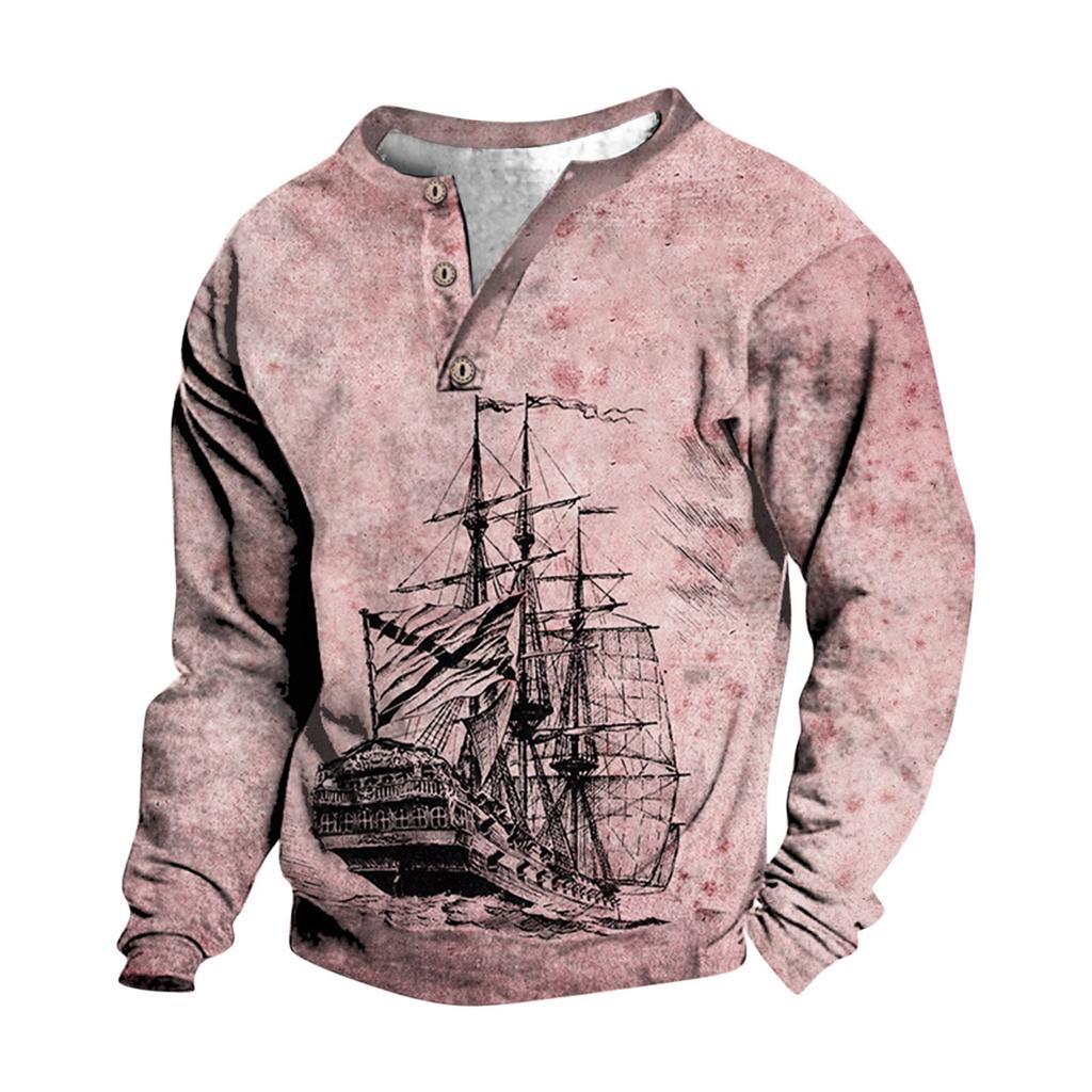 Pullover mit V-Ausschnitt für Herren, 3D-Digitaldruck, Stehkragen, 3 Knöpfe, Vintage-Kragen