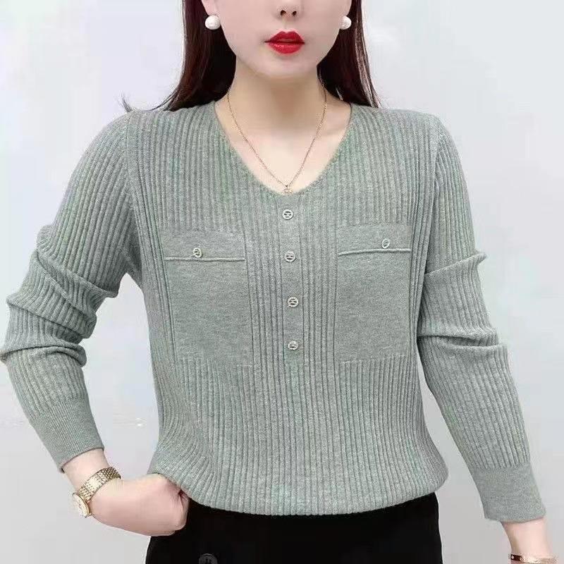 Autumn Long Sleeve Knit Top V Neck Pullover Loose Thin Sweater Base Layer Fall Shirt