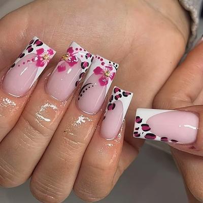 Square Press On Nail Flower Fake Nail Glues On Nail Artificial Acrylic Nail 24pcs Stick On Nail for Womens and Girls
