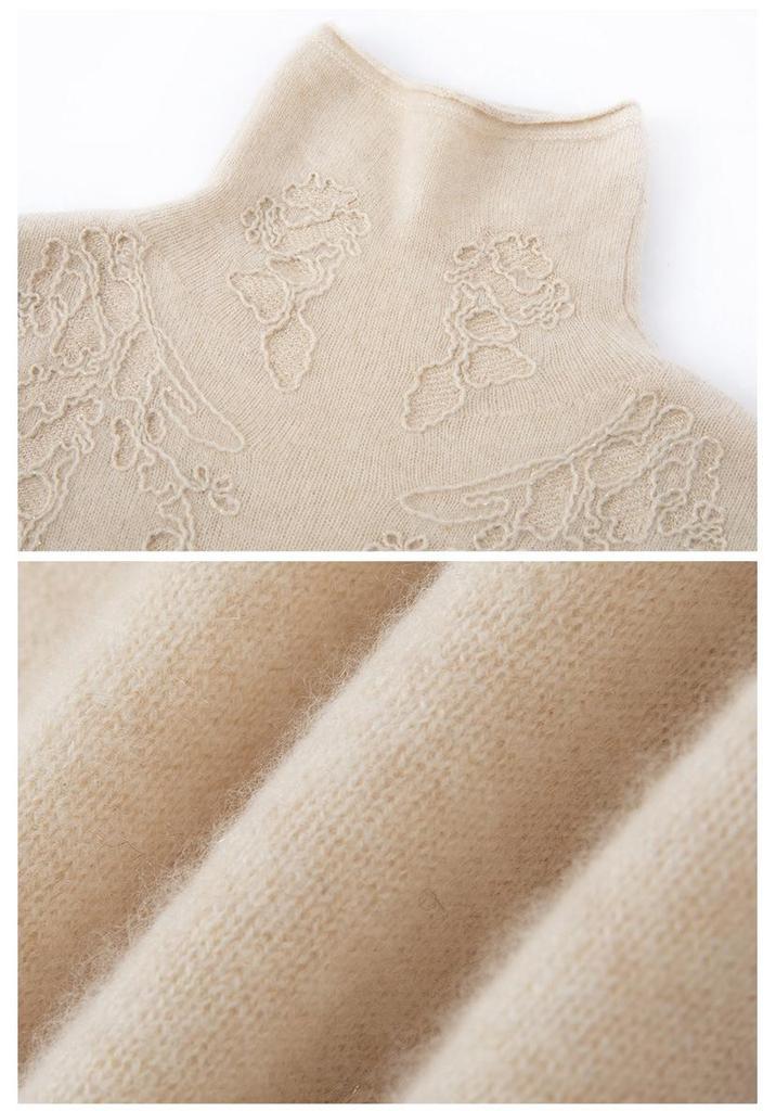Lekasha 100% Pure Cashmere Rolled Edge High Neck Embossed Knit Top