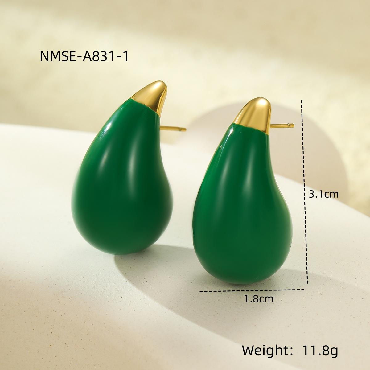 GEMCHIC Women s Titanium Steel Drop Shape Green Oil Inlay Light Luxury Stud Earrings