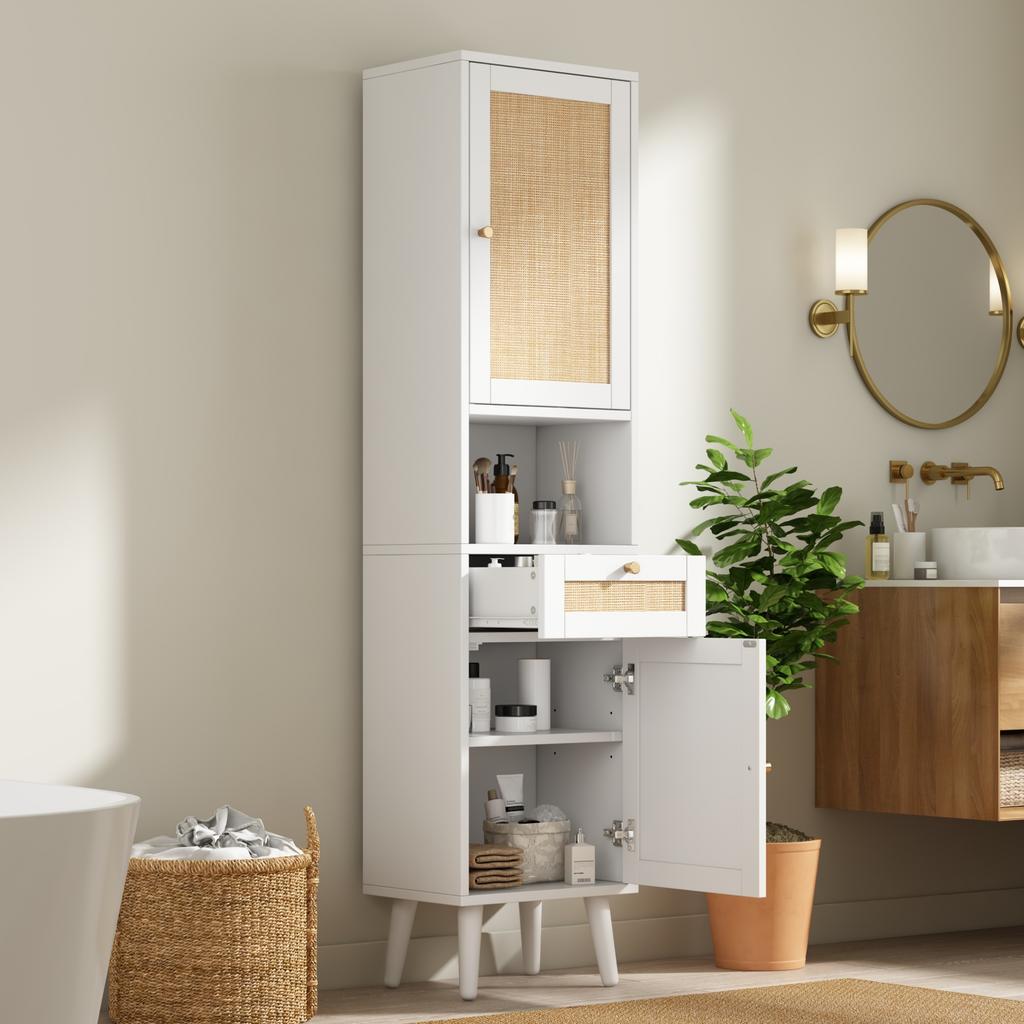 Hoher Stand-Badezimmerschrank, Rattan-Türen, Links-Rechts umkehrbar, Schublade, Magnetverschluss, Soft-Close-Scharniere, 40×30×166 cm, Weiß