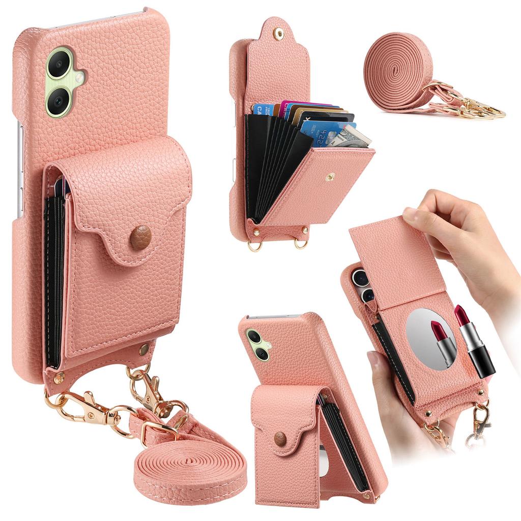 For Samsung Galaxy A06 5G/Galaxy A06 4G Case Mirror Card Holder Litchi Texture Leather Phone Back Cover with Long Strap