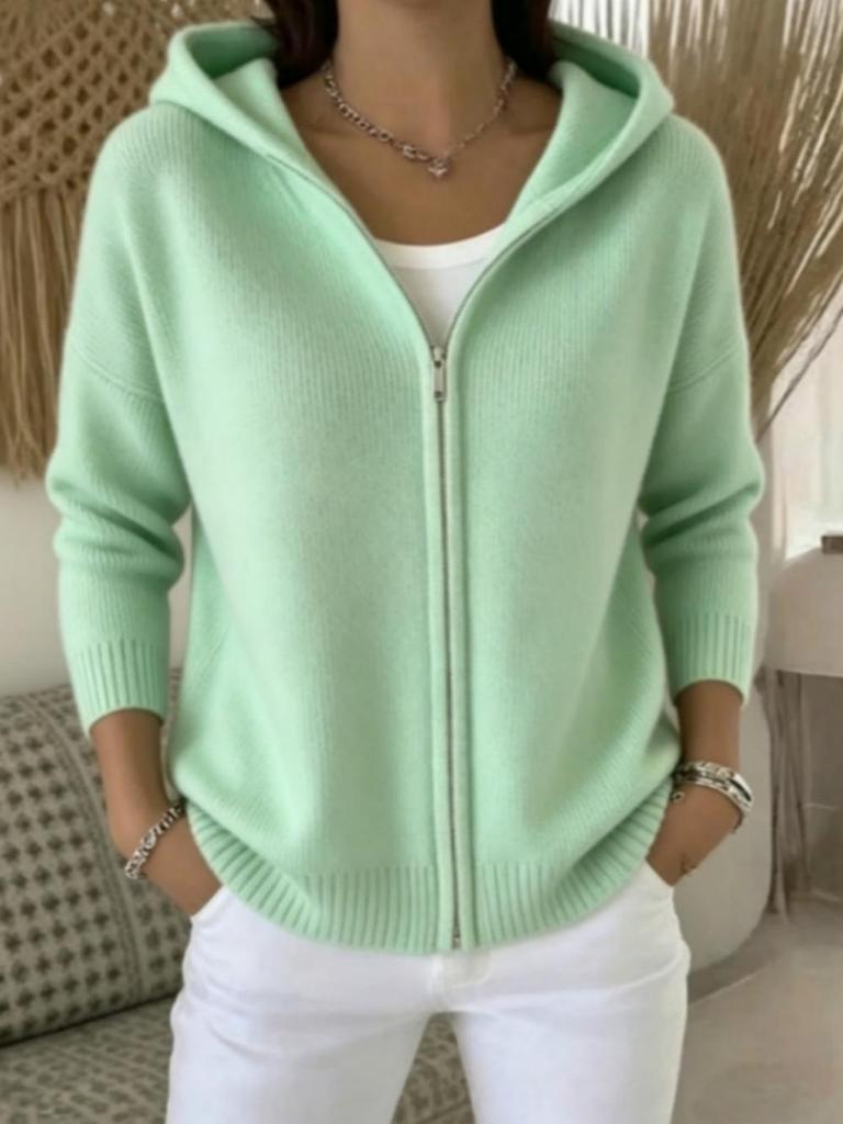 Autumn 2026 Hooded Zipper Knit Cardigan - European & American Style, Women's Loose Solid Color Long Sleeve Sweater