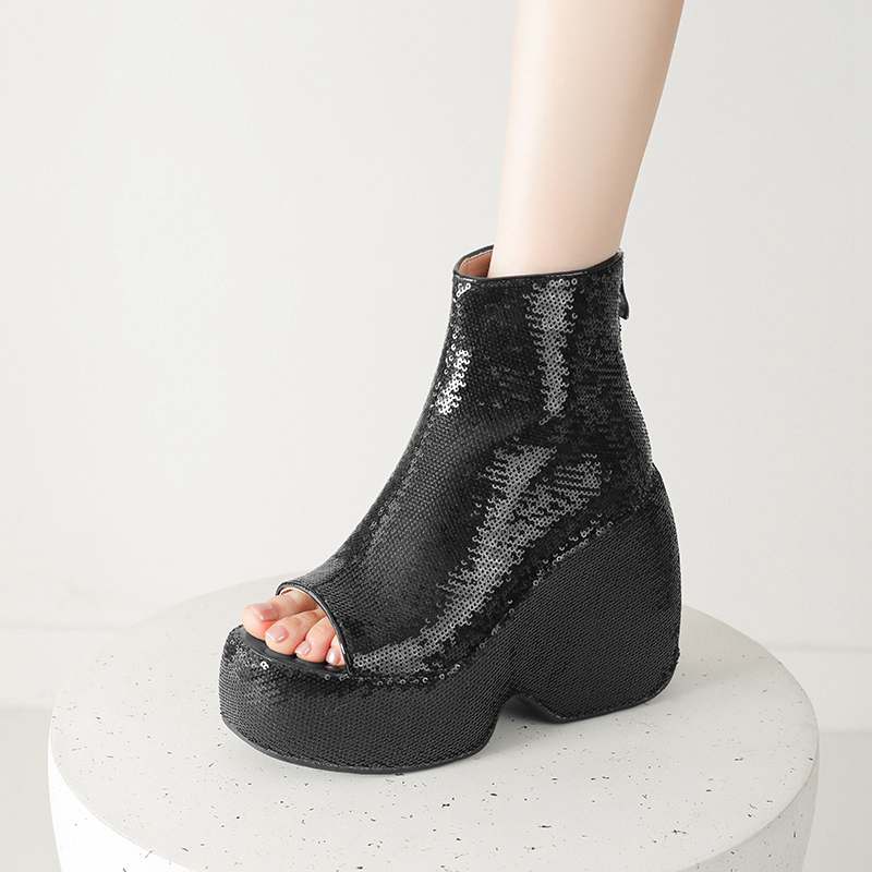 Krazing Pot Sequin Cloth Spring Summer Size 43 Size 42 Women Platform Women Peep Toe Toe Sexy Summer Boots Zipper Thick Bottom Pumps