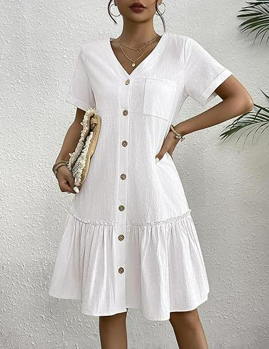 Women's Summer 2025 Casual Ruffle Hem Pocket Dress with Short Sleeves