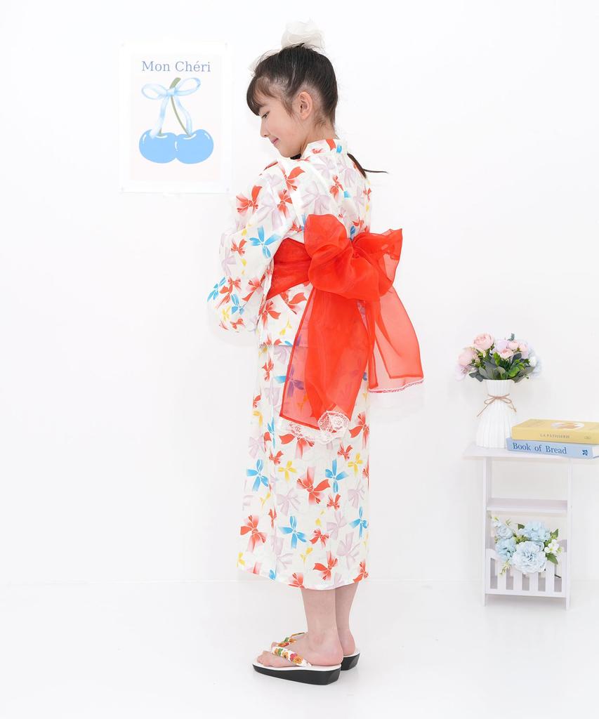 Bee Yukata Set for Easy to Wear for Fireworks White with Colorful Ribbons 3-Piece Girls, Summer, Striped, Checkered, Goldfish, Shirring, Festivals,