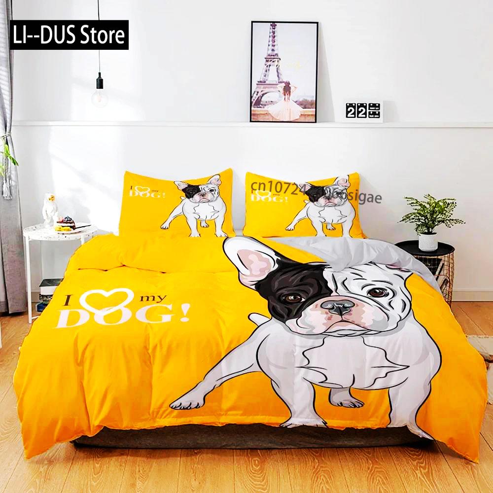 3D Hunde Bettwäsche Set Niedliches Französische Bulldogge Welpe Bettbezug Sets Cartoon Bettdecke Haustiere Heimtextilien Queen 2/3Stk. King Full
