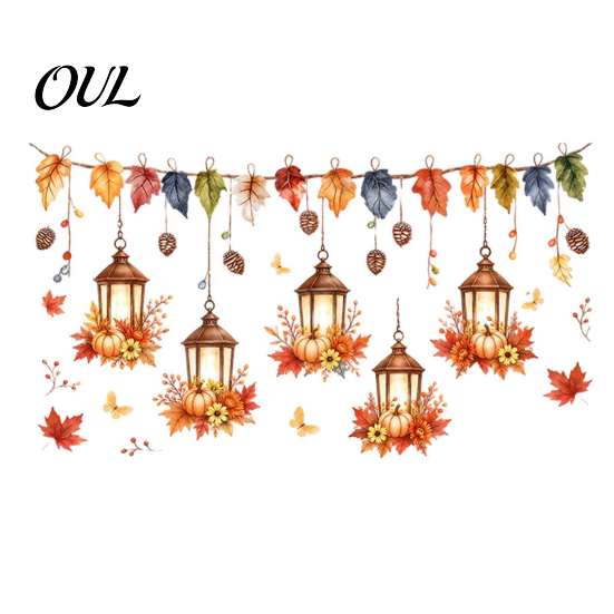 Static Cling Window Decals Autumn Maple Leaf And Lantern Sticker, Double Sided PVC Waterproof Harvest Theme Wall Stickers Decals, Removable