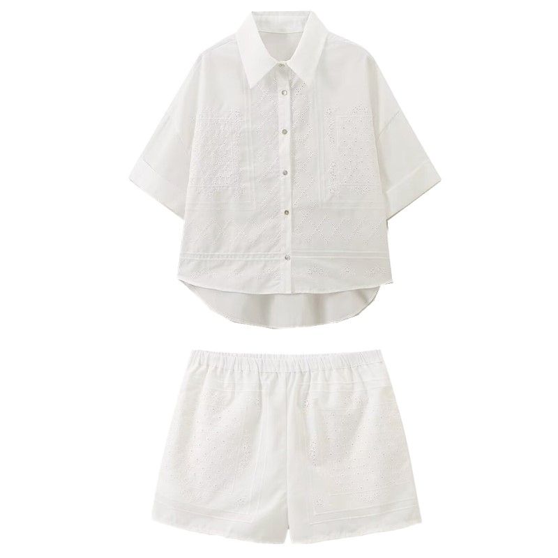 Fashion Style 2024 New Fall Women's Clothing Slim Looking Easiest for Match Embroider Poplin Shirt Mid Waist Shorts 0081069