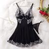Transparent Thin Style G-string Lace Ruffle Trim Lingerie Set Women Nightgowns Sleeveless Sleepwear Sexy V-Neck Bra Panty Sets