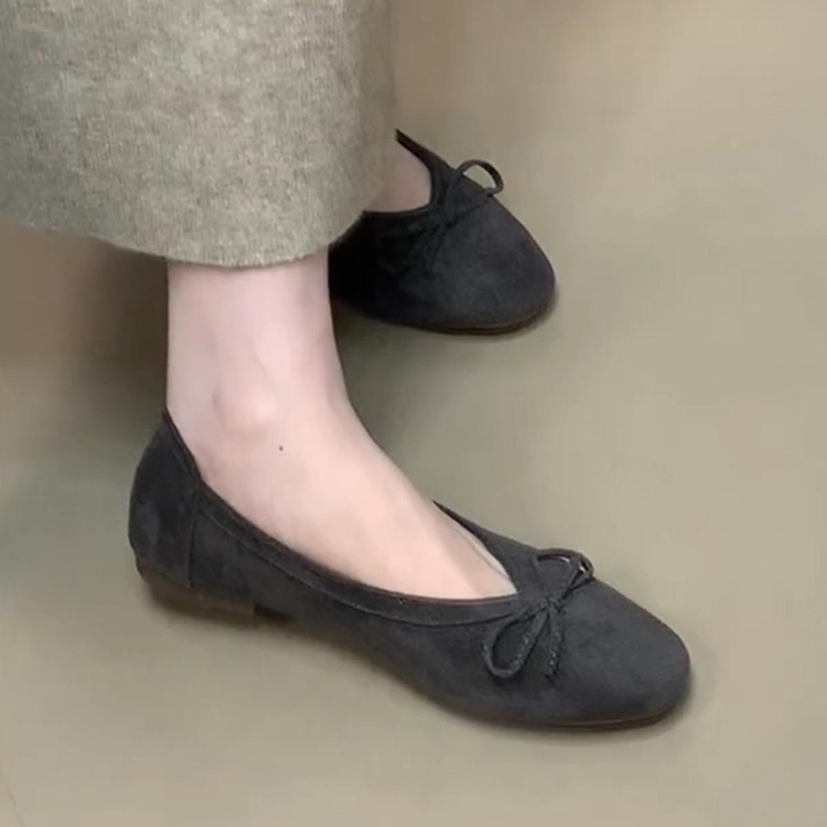 

Sheepskin version~ French gentle bow light mouth single shoes, fairy style with skirt, beautiful one-pedal flats 35 сірий колір