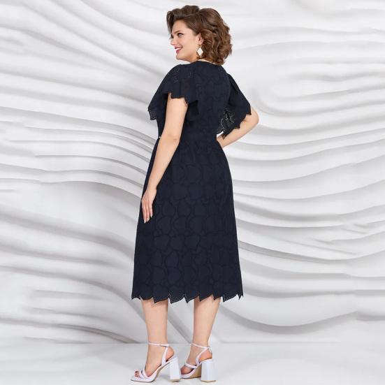 Damen Kleid Übergröße Rundhalsausschnitt Aushöhlen Stickerei Spitze Schlanke Passform Einfarbig Kurze Ärmel Pendeln Formelle Party Abschlussball Sommer Midikleid